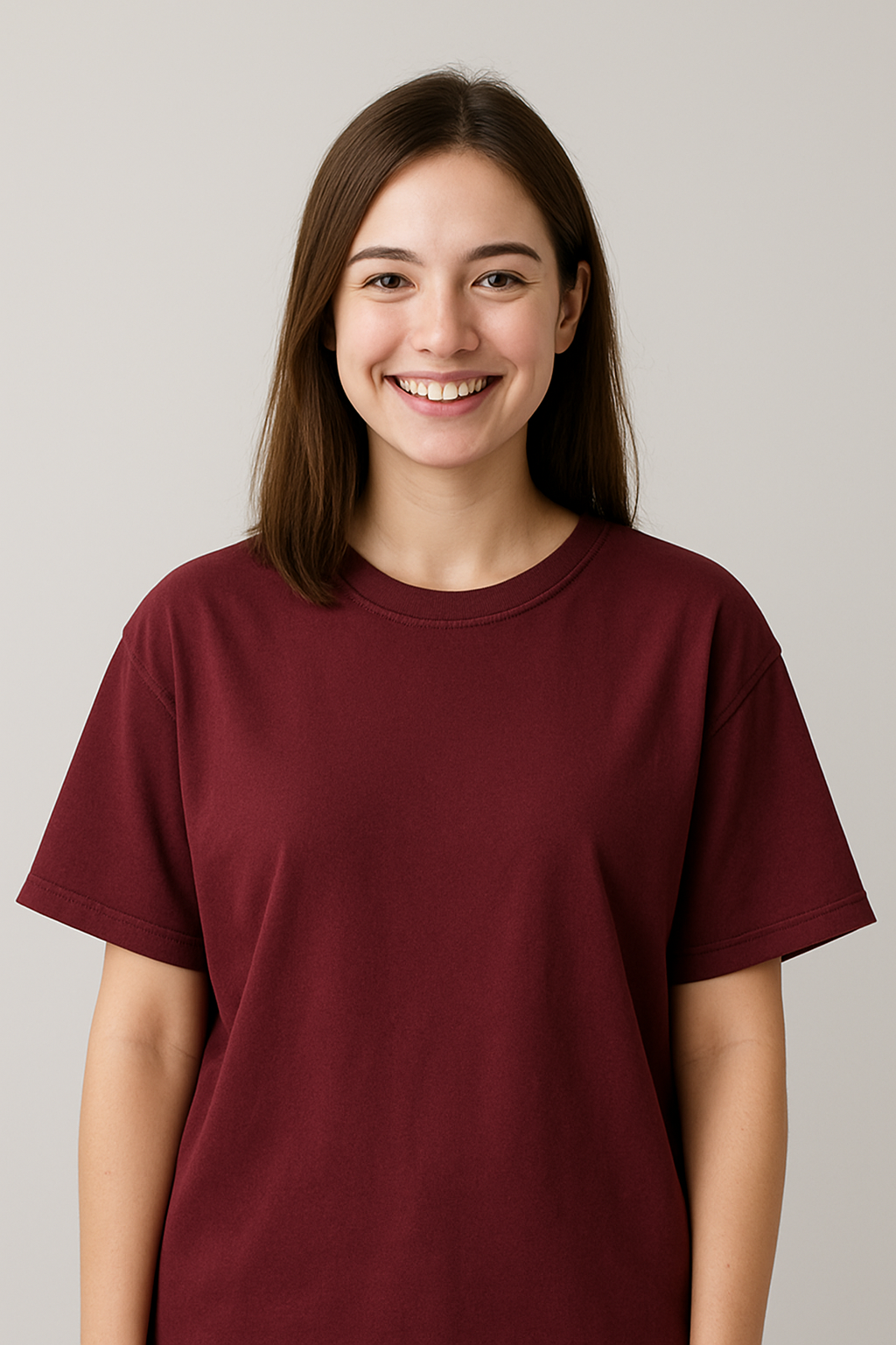 RUNBLOOMS Oversized Maroon T-Shirt for Couples – Trendy Unisex Round Neck Cotton Tee with Blue Jeans